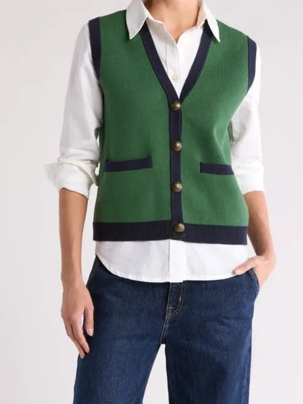 Boden Holly Knitted Waistcoat Sweater Cotton Vest Eden Green Navy Gold Buttons M